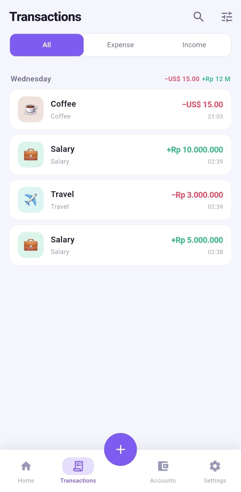 Transactions list